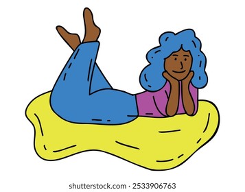 Minimalist Line Art: African American Woman Relaxing on Rug