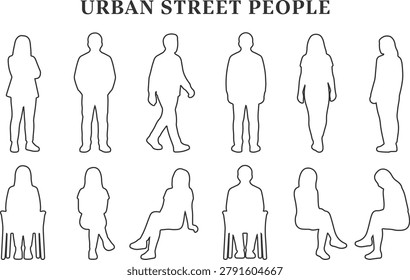 Minimalist Line Art Architectural Scale Figures Set, Clean Black Outline CAD Blocks of Urban Street People Standing and Sitting in Front and Back Elevation Views for Streetscape Rendering