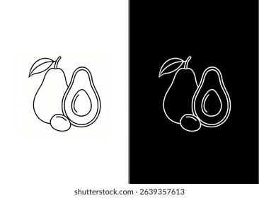 Minimalist line art of an avocado in black and white style. Includes whole fruit, sliced half, and seed. Perfect for health food themes, packaging, or modern kitchen decor.