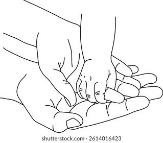 Minimalist line art of baby hand resting in parent’s palm, symbolizing love, protection and connection
