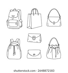 Mochila de arte de linha minimalista e coleção de bolsa para acessórios de moda e catálogo de comércio eletrônico