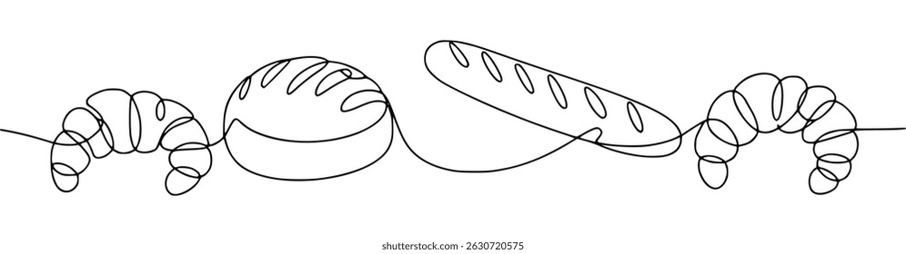 Minimalist line art bakery elements croissant bread baguette