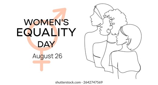 Minimalist line art banner for Women's Equality Day on August 26 featuring diverse female profiles and gender equality symbol, for awareness campaigns, social media posts, posters.Vector illustration