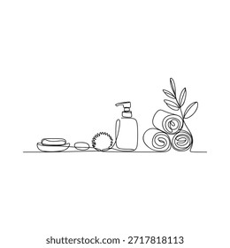 Minimalista línea de arte de baño essentials jabón esponja y toallas enrolladas