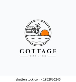 Minimalist line art beach wooden cabin with surf board and sunset vector illustration design. Circle badge wooden cottage logo concept.