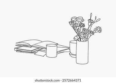 Minimalist line art of books, flowers, and candles. Simple, elegant design with open books and a vase of flowers. Perfect for calm, creative spaces. Simple black line art doodle vector.