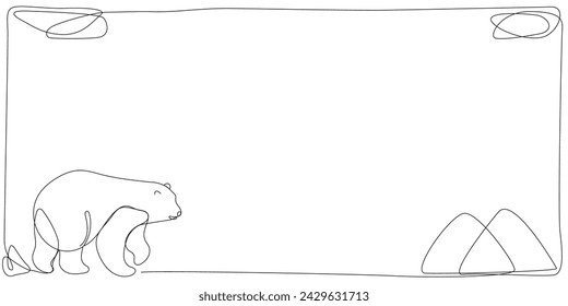 Minimalist Line Art Border Frame Sketch Wild Bear, Cloud, Mountains Silhouette. Simple Outline Curve Line Frame Border Blank Layout Template. Travel  Tourism Theme Horizontal Billboard Frame Border