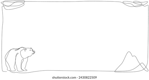 Minimalista Line Art Borde Esbozo Oso Salvaje, Nube, Montañas Silueta. Plantilla de diseño en blanco de borde de marco de línea de curva de esquema simple. Tema de turismo de viaje Borde horizontal del marco de la valla