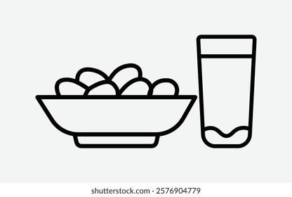 A minimalist line art of a bowl of dates and a glass of water, symbolizing the traditional iftar meal during Ramadan. Ramadan Mubarak.
