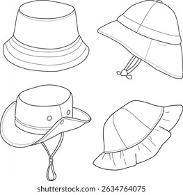 Minimalist line art of a bucket hat. Summer headwear icon, perfect for logo design, web icons, fashion branding, and seasonal accessories illustrations.