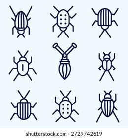 Conjunto de iconos de escarabajo y bichos de arte de línea minimalista - Símbolos de insectos de Vector para el control de plagas, depuración de software y concepto de vigilancia

