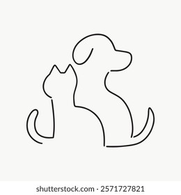 Minimalist line art of a cat and dog. Simple, elegant pet illustration. Black lines, isolated vector, capturing the essence of pets in art. Simple black line art doodle vector.