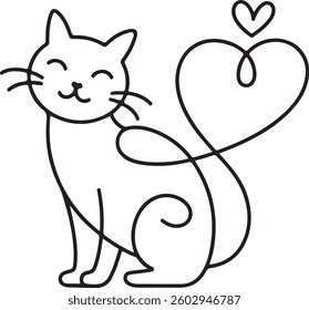Minimalist Line Art Cat, Heart Tail, Cute Pet Illustration