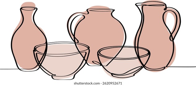 minimalist line art ceramic pottery objects in natural earthy colors, handmade clay bowls and vases isolated on white background, modern boho kitchen decor