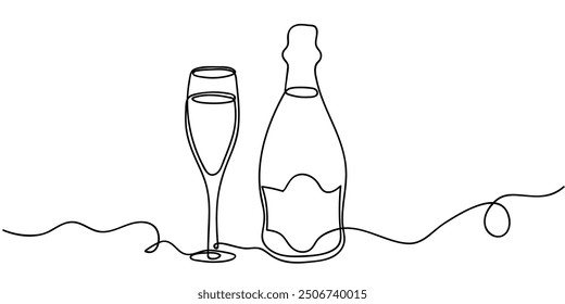 Minimalist line art of a champagne bottle and glass set on a table celebrating a special occasion