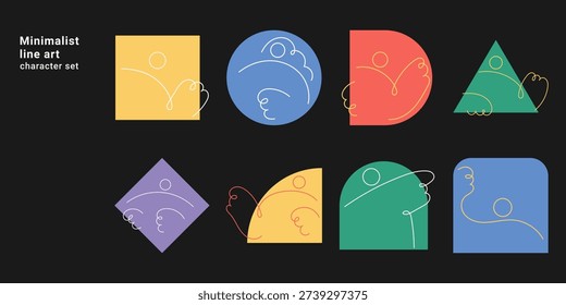 Minimalist line art character set with abstract figures in geometric shapes. One line drawing vector illustration collection for modern art and creative design colorful backgrounds.