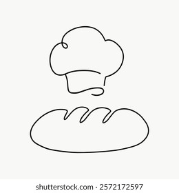 Minimalist line art of a chef's hat and bread. Simple, elegant design featuring a baker's hat and loaf. Perfect for culinary themes. Simple isolated black line art doodle vector.