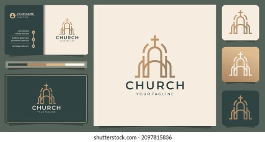 minimalist Line art church christian symbol logo design with business card template. Premium Vector