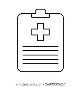 Minimalist line art of a clipboard with a medical cross symbol, representing healthcare reports, documents, or patient records.  Medicine icon. Vector illustration
