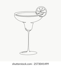 Minimalist line art of a cocktail glass with a lemon slice. Elegant, simple design. Perfect for modern decor or cocktail-themed art. Simple isolated black line art doodle vector.