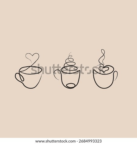 Minimalist line art coffee cups set with steam and heart shapes. Simple black outline illustration on transparent background. Perfect for cafe logos, stickers, posters and modern design projects.
