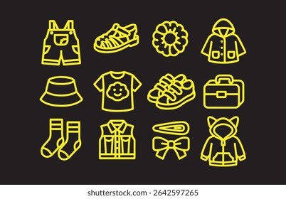 A minimalist line art collection of baby clothing icons in bright yellow against a black background. Perfect for designs related to fashion for children