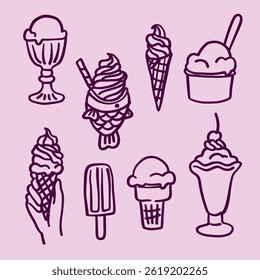 Minimalist line art collection of ice cream cones, sundaes, and popsicles. A fun and playful, hand-drawn style.