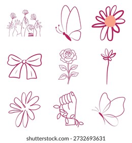 Colección minimalista del arte de la línea. Ilustraciones de contorno de Vector de manos, flores y mariposas para un diseño elegante del Día de la Mujer