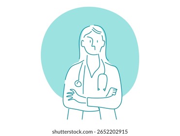 minimalist line art of a confident male doctor standing with folded arms, symbolizing professionalism, trust, and healthcare expertise.