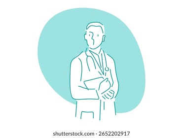 linha de arte minimalista de um médico homem confiante de pé com braços dobrados, simbolizando profissionalismo, confiança e experiência em saúde.
