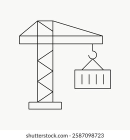 Minimalist line art of a construction crane lifting a container. Simple crane design with geometric shapes. Black and white crane illustration. Vector isolated on white.