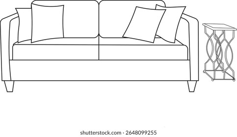 Minimalist line art of a contemporary sofa with four cushions and a decorative side table. Ideal for interior design, home decor, or furniture illustrations.