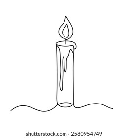 Minimalist line art contour outline drawing of burning candle. Simple minimal black and white graphic isolated vector illustration. Symbol of hope, remembrance, peace, spirituality, warmth