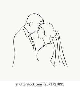 Minimalist line art of a couple in love, embracing gently. Simple, elegant lines capture romance and intimacy. Perfect for wedding themes or romantic decor. Simple black line art doodle vector.