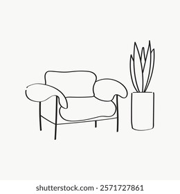 Minimalist line art of a cozy armchair and a tall potted plant. Simple, elegant design. Perfect for modern decor and art lovers. Simple isolated living room, black line art doodle vector.