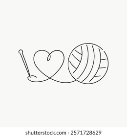 Minimalist line art of a crochet hook, heart, and yarn ball. Simple design for crochet lovers. Perfect for crafting enthusiasts. Simple isolated black line art doodle vector.