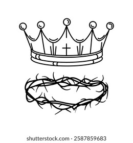 Minimalist line art Crown of thorns and a royal crown with a cross, symbolizing Christian faith and sacrifice. Vector illustration for logo, print, religious designs, tattoos, posters,church materials