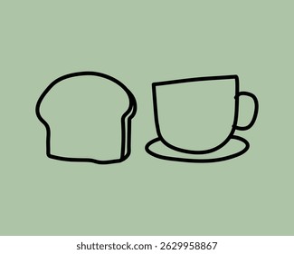 Minimalist line art of a cup and a slice of bread on a green background. Simple cup and bread design, perfect for kitchen decor or cafe branding. Cute doodle vector.