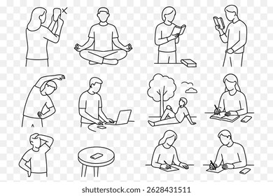 Minimalist Line Art of Daily Mindful Habits – Wellness, Focus  Self-Care Illustration Set
