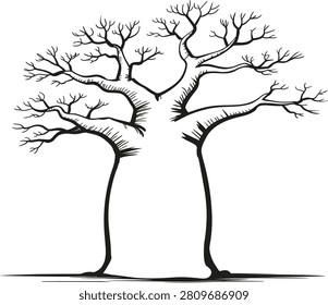 Minimalist line art of a deciduous baobab tree. Its stark branches suggest dormancy. Ideal for environmental or growth themes.