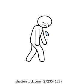 Arte lineal minimalista de una figura de palo abatido. Cabeza inclinada, una sola lágrima cae, transmitiendo tristeza, fatiga o decepción. Diseño simple y limpio sobre un fondo blanco.