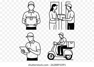  Linha arte minimalista de entregadores com pacotes e scooters