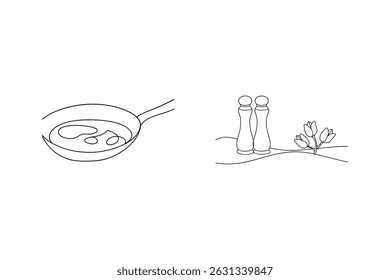 Minimalist line art depicting cooking essentials pan salt pepper and springtime tulips