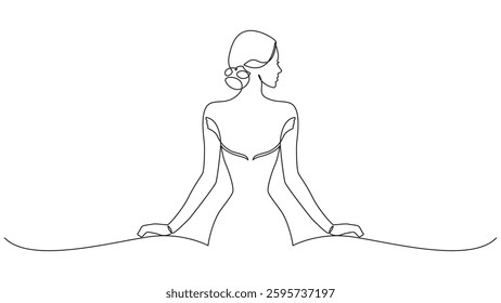 Minimalist line art depicting an elegant woman in a flowing gown. This simple yet graceful design is perfect for various creative projects.