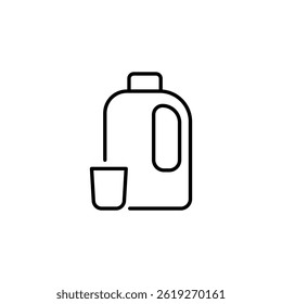 Minimalist line art depicting laundry detergent bottle with measuring cup