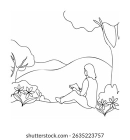 Minimalist line art depicting a person reading a book outdoors in peaceful nature