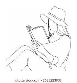 Minimalist line art depicting a person in a hat engrossed in reading a book