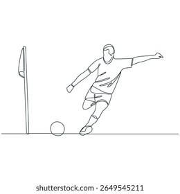 Arte em linha minimalista representando um jogador de futebol em ação, realizando um chute de canto com movimento dinâmico