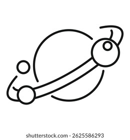 Minimalist line art depicting a stylized planet with a satellite orbiting around it