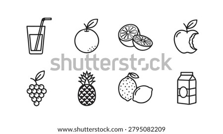 Minimalist line art depicting various fruits like apples oranges grapes pineapple and lemons alongside a refreshing beverage. Ideal for healthy eating concepts.